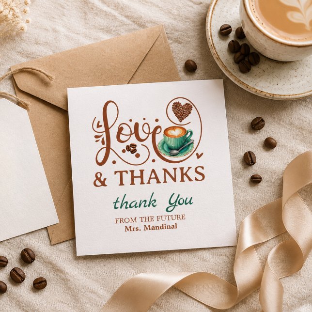 Lluvia de Amor y Agradecimiento Tema de Café para  (Love and Thanks Bridal Shower Wedding Coffee Theme Thank You Card)