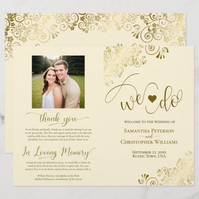 ¡Lo hacemos! Programa de Bodas DIY Plegable de Oro (Anverso / Reverso)
