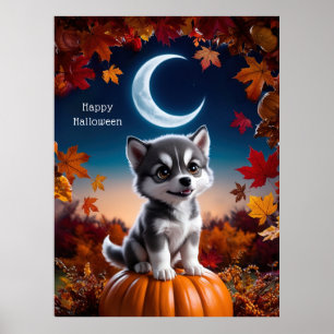 Lobo Adorable con arte de Halloween en la luna cre