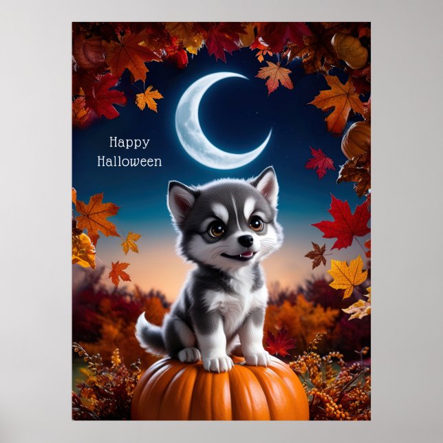Lobo Adorable con arte de Halloween en la luna cre (Frente)