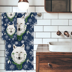 Lobo Ártico Blanco Místico Flor de Invierno Azul