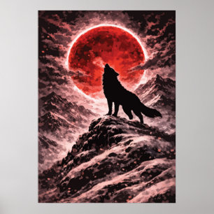 Lobo Aullando Bajo La Luz De La Luna Roja - Arte J