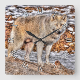 Lobo blanco, nieve y tronco Reloj de arte salvaje