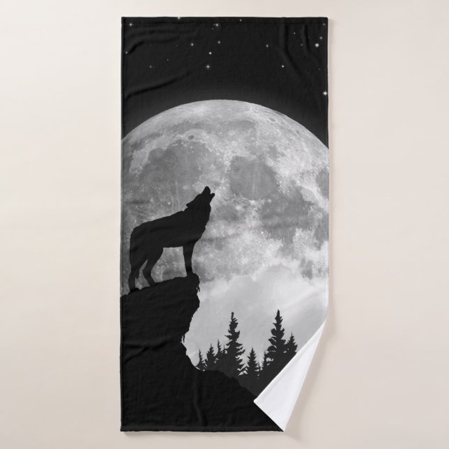 Lobo blanco y negro aullando en la luna (Toalla de baño)