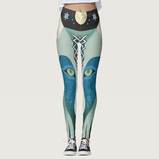 Lobo Celta Ojos Leggings con Luna y Estrellas (Anverso)