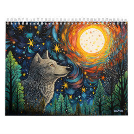 lobo de bosque de vidrio teñido con calendario lun