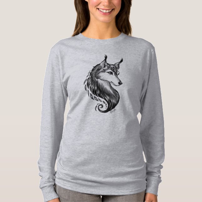 Lobo dibujado mano blanca negra de la camisa del (Anverso)