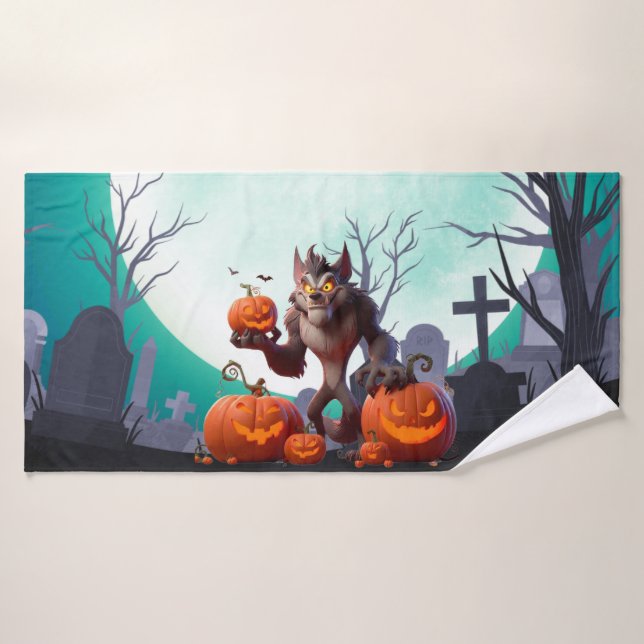 Lobo feroz de Halloween y calabazas (Toalla de baño)