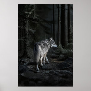 Lobo Gris Caminando a Través de Bosque Oscuro Arte