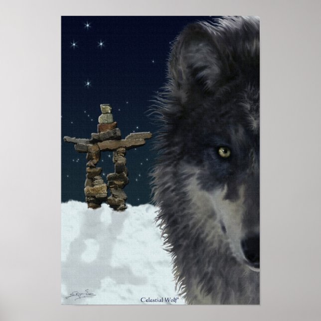 Lobo gris, Inukshuk ártico y Poster de arte de est (Frente)