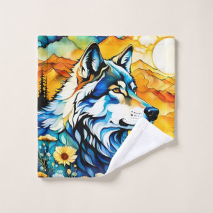 Lobo gris y flores silvestres
