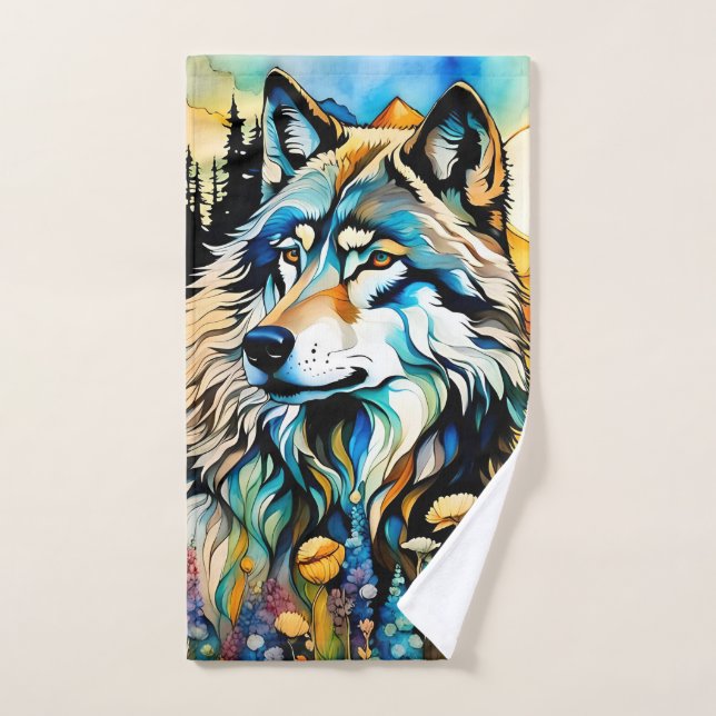 Lobo gris y flores silvestres (Toalla de mano)
