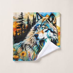 Lobo gris y flores silvestres