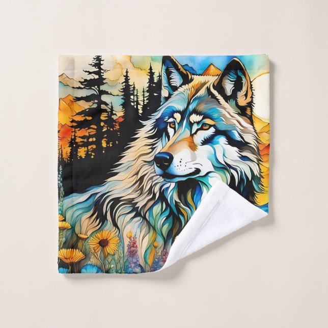 Lobo gris y flores silvestres (Toallita)