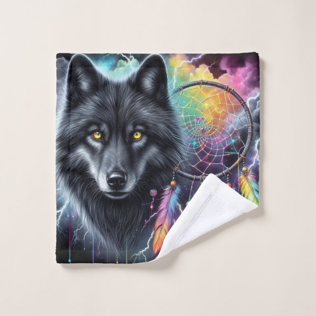 Lobo negro con un Dreamcatcher (Toallita)