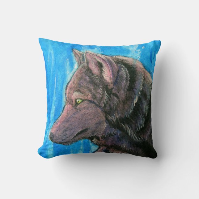 Lobo negro de la fantasía en la almohada azul (Anverso)