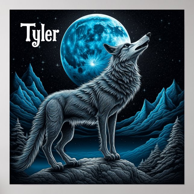 Lobo parado frente a la luna llena | Arte de IA (Frente)