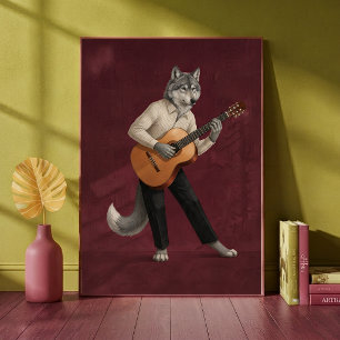 Lobo Sofisticado Tocando Guitarra Acústica Arte