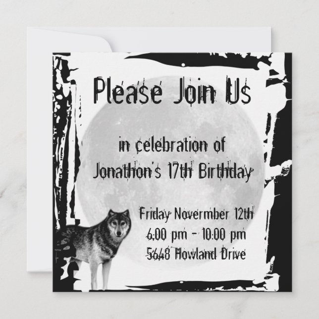 Lobo y invitación gótica de cumpleaños a la luna l (Anverso)