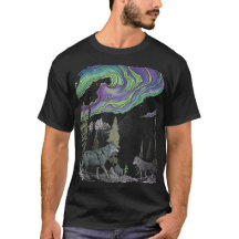 Lobos abstractos en camiseta de bosque de luces de
