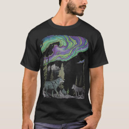 Lobos abstractos en camiseta de bosque de luces de