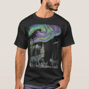 Lobos abstractos en camiseta de bosque de luces de