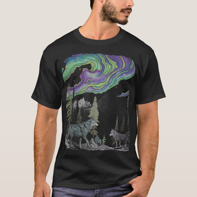 Lobos abstractos en camiseta de bosque de luces de (Anverso)