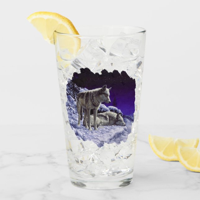 Lobos grises en la nieve de invierno de noche (Anverso (hielo))