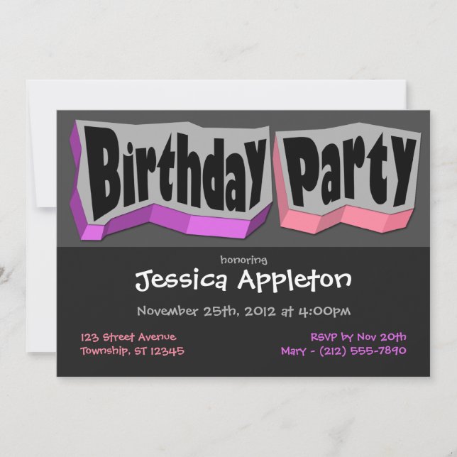 Loca invitación de fiesta de cumpleaños púrpura y  (Anverso)