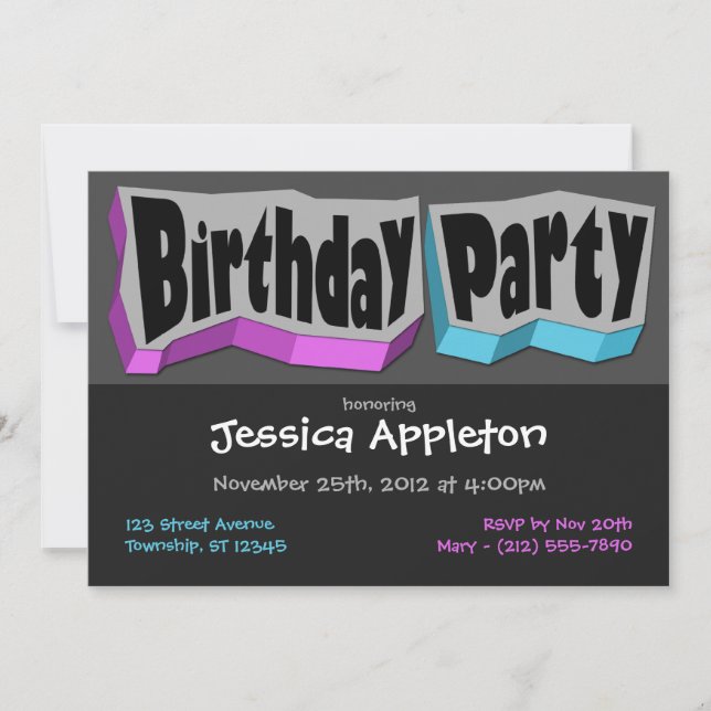 Loca invitación de fiesta de cumpleaños púrpura y  (Anverso)