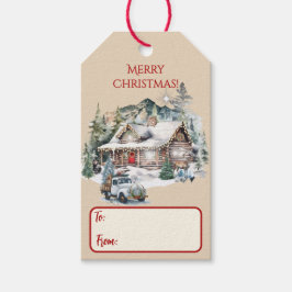 Log Cabin in the Mountains Navidades etiqueta de r