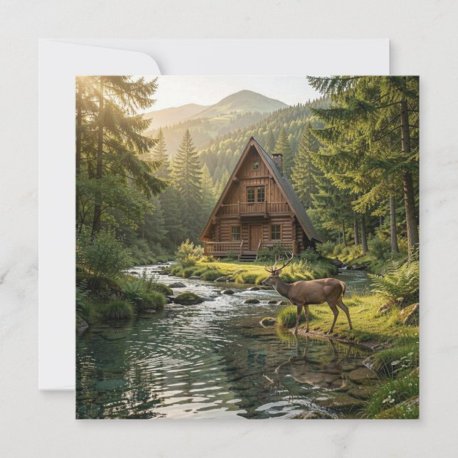 Log Cabin, Stream, Mountains and Deer Nature Art (Anverso)