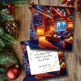 Log Cabin y cálida chimenea en la víspera de los N