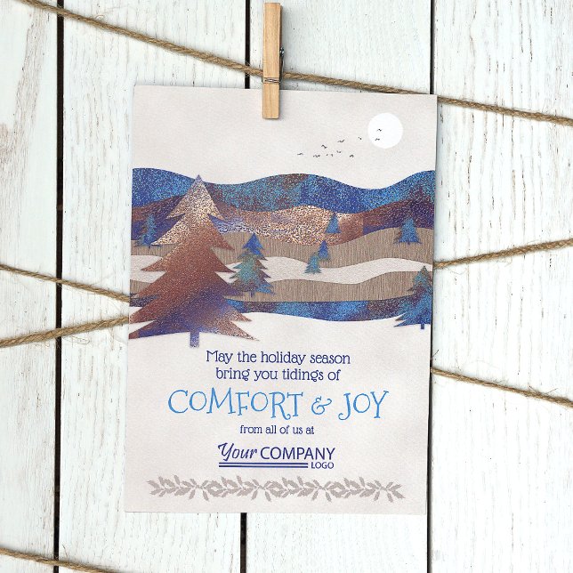 Logo azul, tarjetas marrones, acuáticas de vacacio (Rustic Brown Blue Forest Pine Trees Company Business Logo Holiday Christmas Cards Bulk Order Budget)