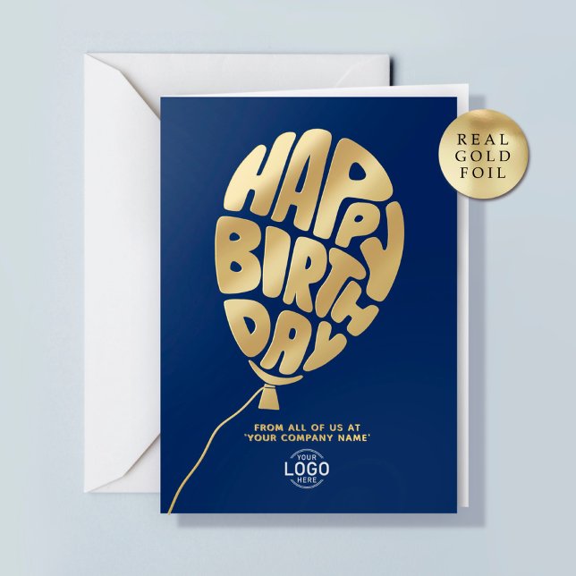 Logo Balloon Blue Business Gold Foil Birthday Card (Subido por el creador)