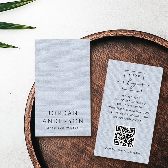 Logo de apariencia azul polvorienta clara tarjetas (Light dusty blue linen look logo QR code business cards)