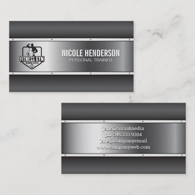 Logo de Fitness | Tarjeta de visita industrial met (Anverso / Reverso)