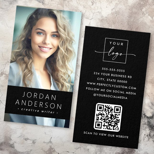 Logo fotográfico Código QR tarjeta de negocios mod (Photo logo QR code modern black business card)