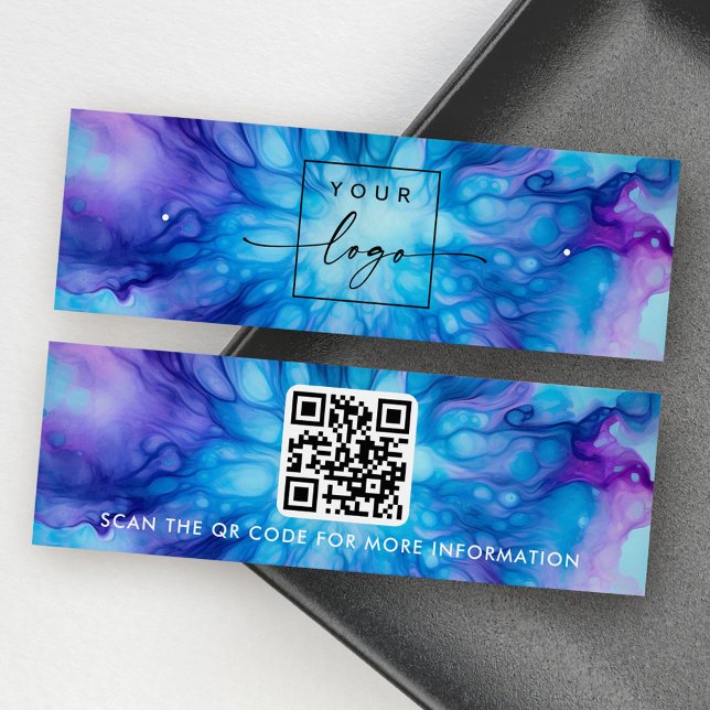 Logotipo código QR tarjeta de presentación de ancl (Logo QR code blue purple stud earring display card)