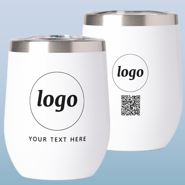 Logotipo con texto y código QR promocional comerci (Logo with QR code and custom text promotional business branding thermal tumbler)