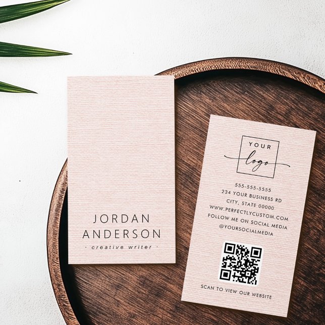 logotipo de apariencia de ropa de cama rosa Rubor  (Blush pink linen look logo QR code business cards)