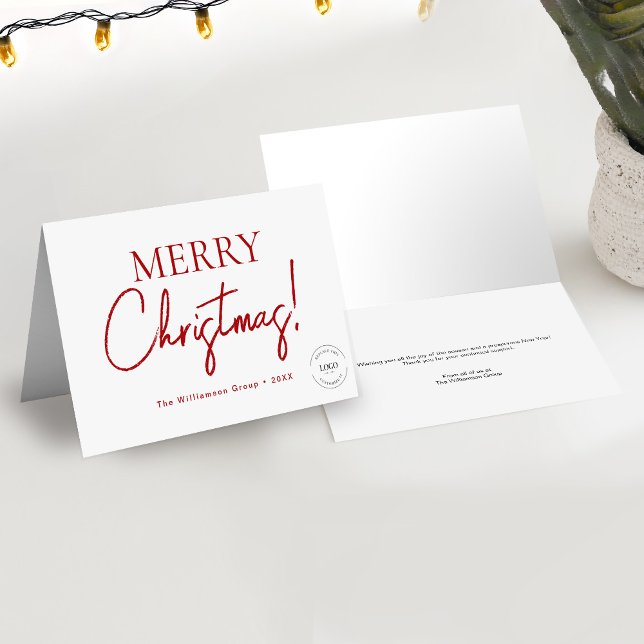Logotipo de empresa Guión rojo Feliz Navidad (5 x 7 holiday Merry Christmas script Business greeting thank you card with logo and message.)