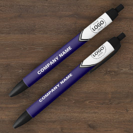 Logotipo de la compañía y bolígrafo azul de texto