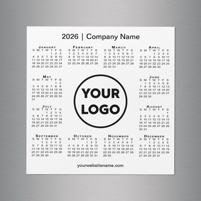 Logotipo de la empresa de calendarios modernos 202 (Modern 2026 Calendar Company Logo on White Magnet, in situ)