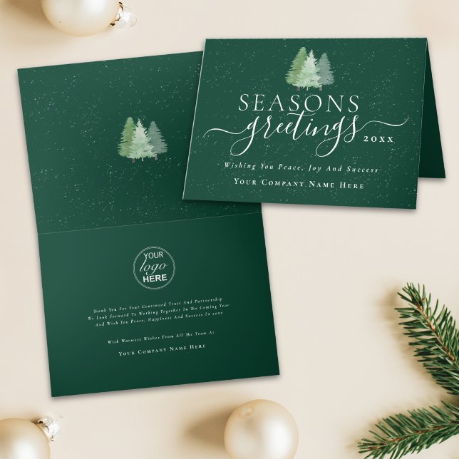 Logotipo de la empresa Tarjetas de felicitación de (Modern business seasons greetings company logo snowy Christmas trees holiday card)
