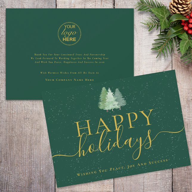 Logotipo de los Árboles de Navidad Modernos Negoci (Modern watercolor christmas trees company logo business green and gold holiday card)