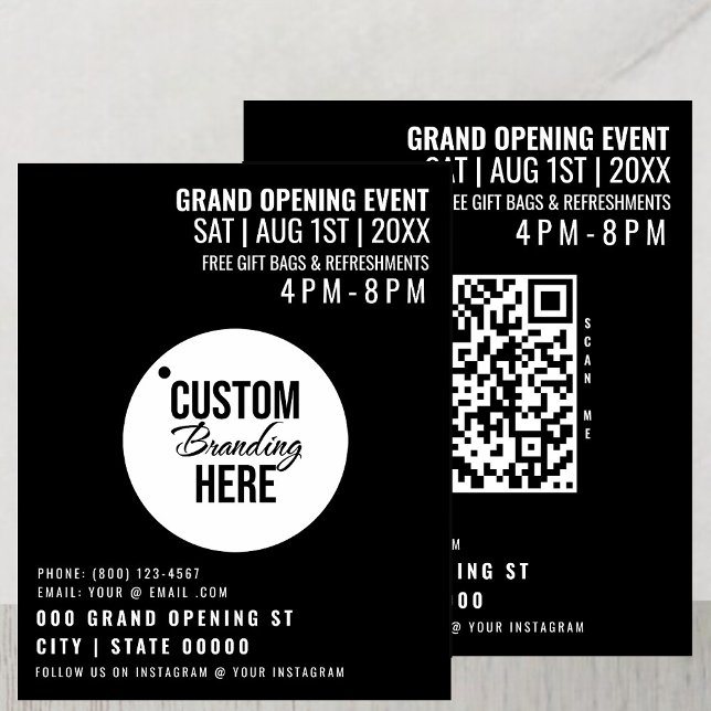 Logotipo de negocio del volante de abertura negra  (grand opening logo QR code business flyer
)