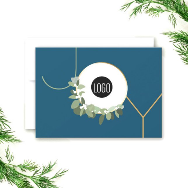 Logotipo de negocio Feliz Navidad Azul (Blue Modern wreath custom logo JOY corporate cards.)