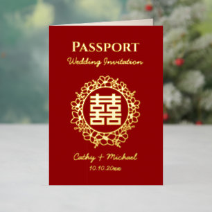 Logotipo de pasaporte rojo invitación de boda chin