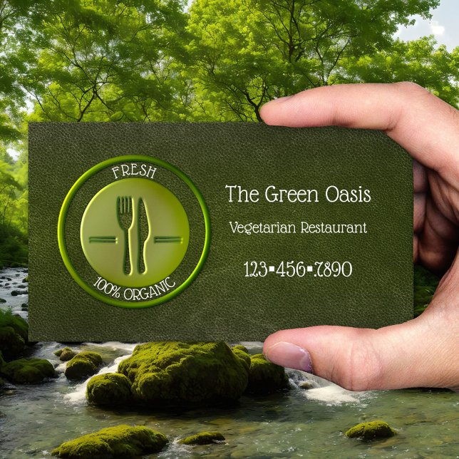 Logotipo de personalizado Tarjeta de visita para r (Green organic vegetarian restaurant business card with faux leather)